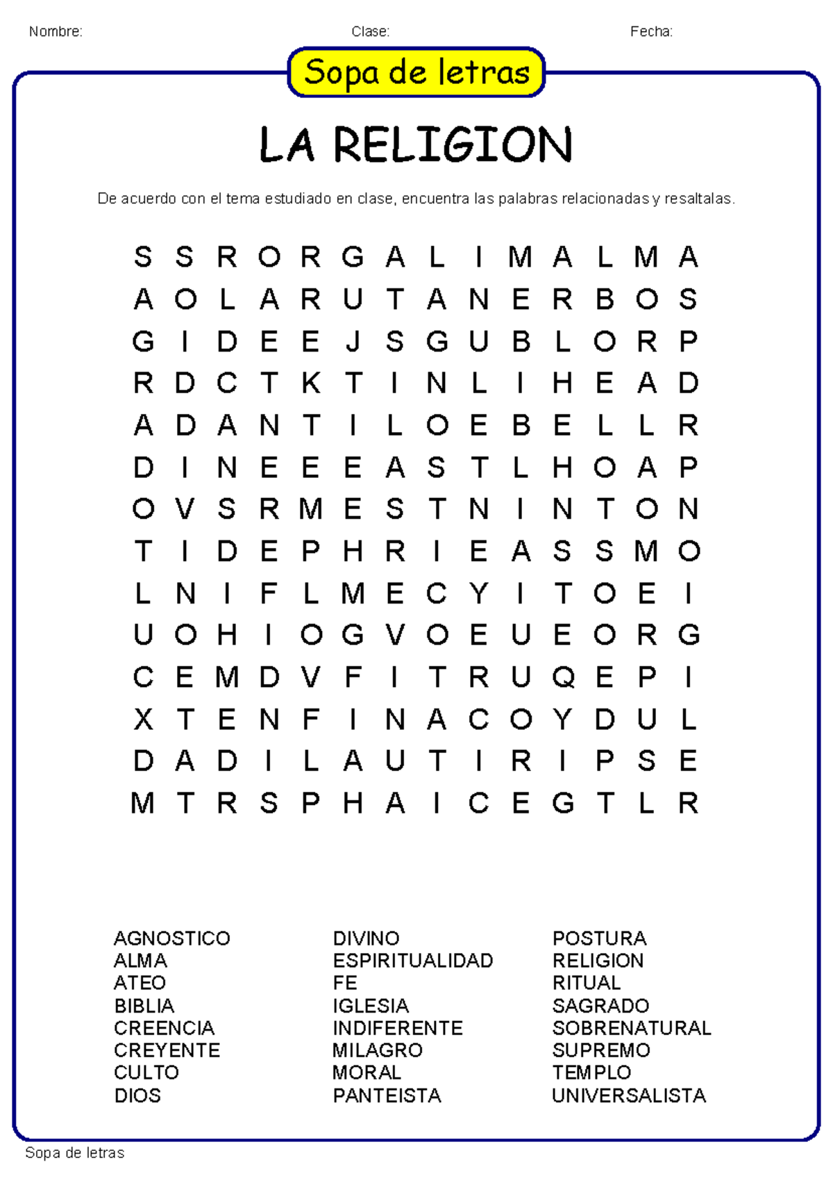 Actividad De Sopa De Letras Sobre La Religion 11