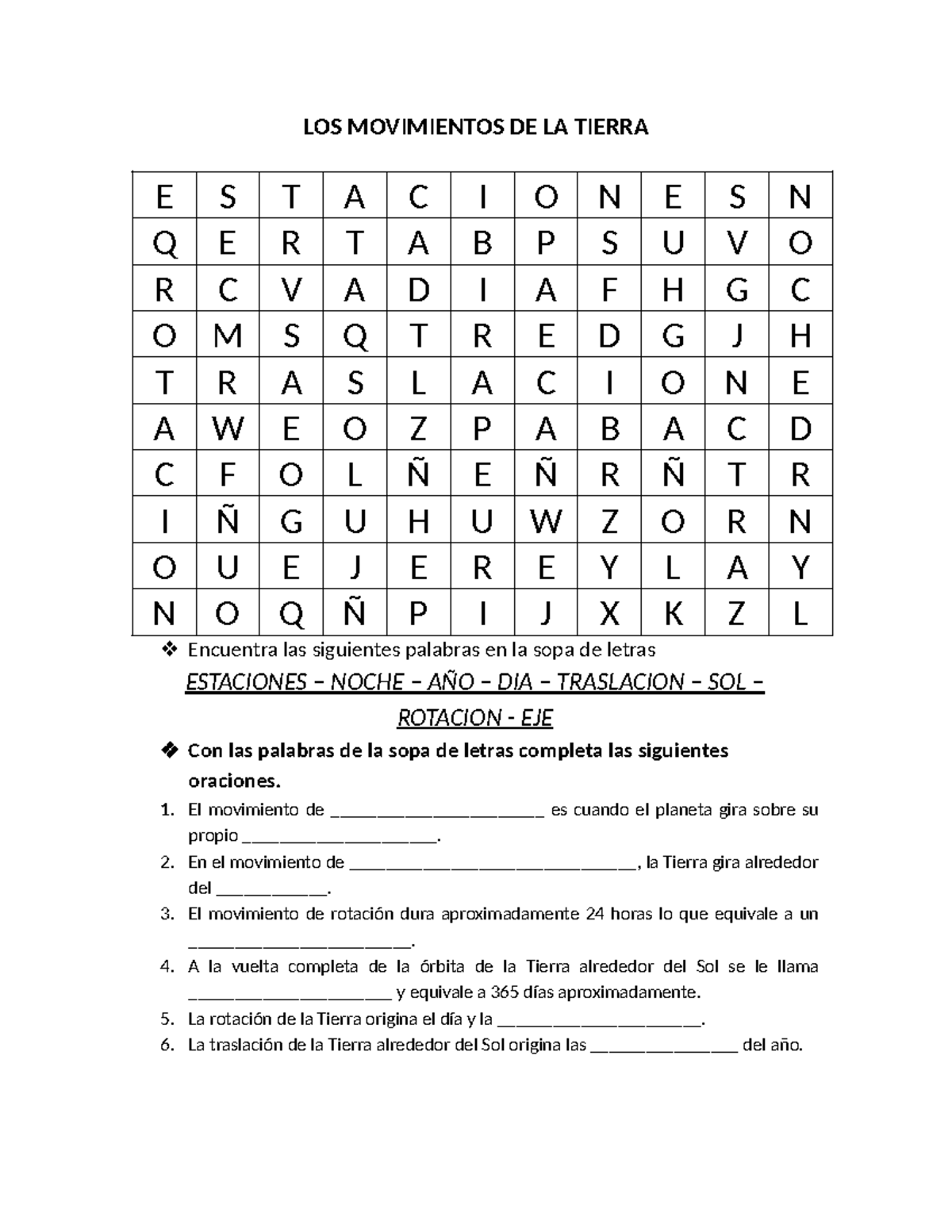 Los Movimientos De La Tierra Sopa De Letras Y Ejercicios E S T Q E R R C V O M