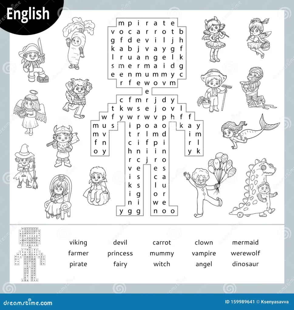 Rompecabezas De B squeda Palabras Caricaturas Disfraces Halloween Juego Educaci n Para Ni os Sirena Pirata Vampiro Hada Bruja Image159989641