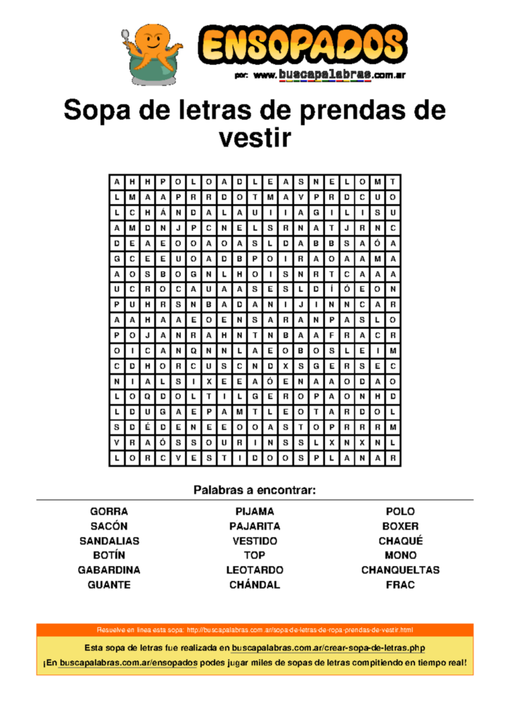Sopa 1 Sopa De Letras De Prendas De Vestir Sopa 1 Sopa De Letras De Prendas De Vestir