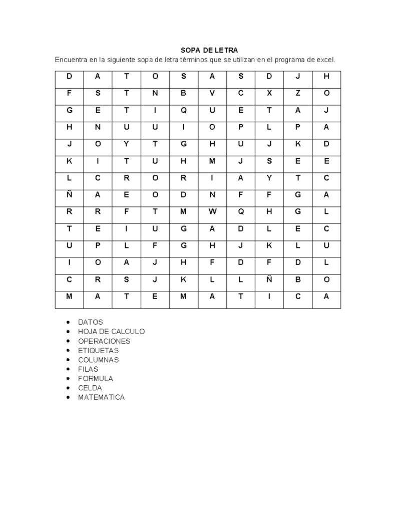 Sopa De Letra Terminos De Excel En Espanol