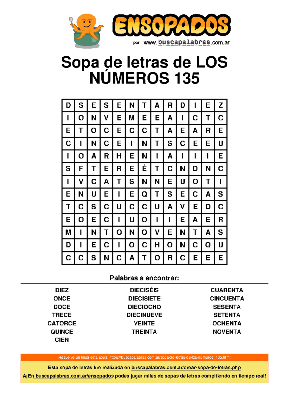 Sopa De Letras De Los Numeros