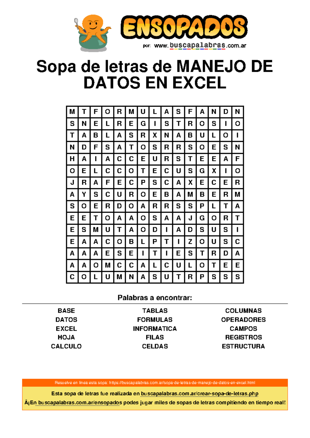 Sopa De Letras De Manejo De Datos En Excel