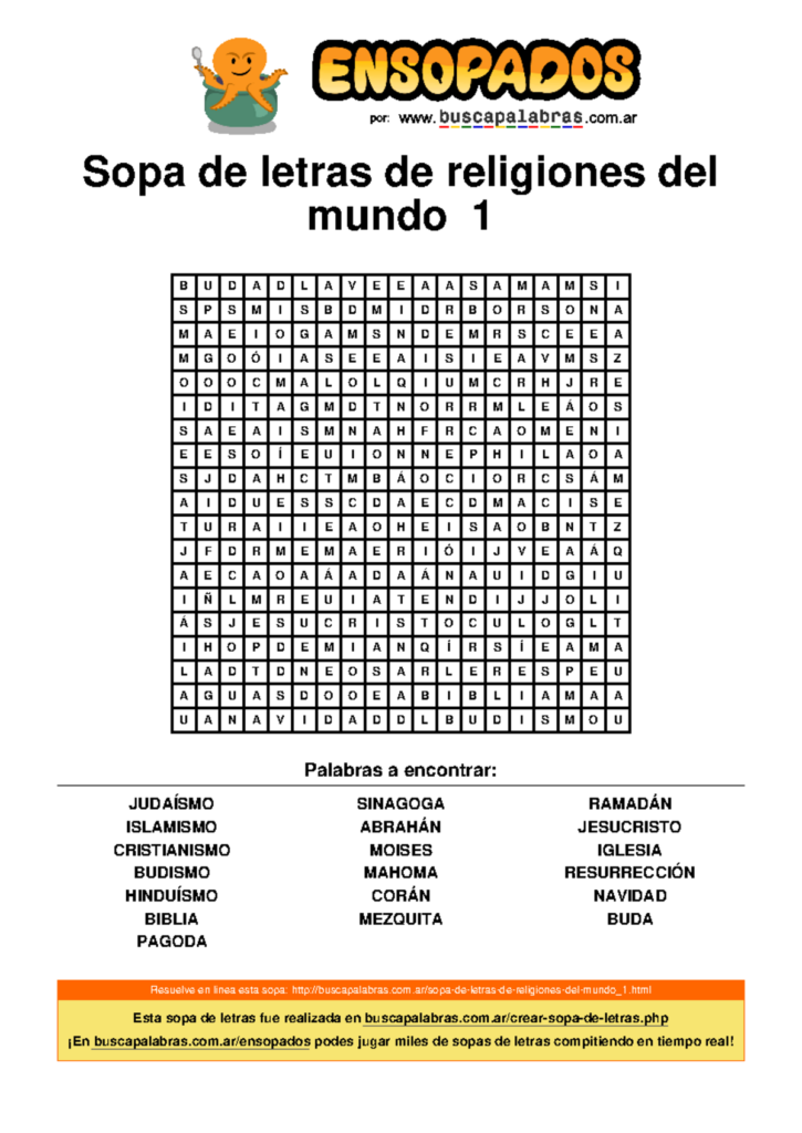 Sopa De Letras De Religiones Del Mundo 1