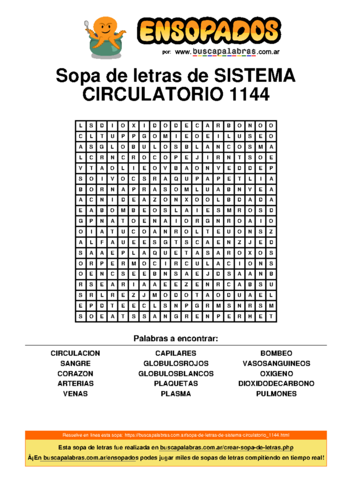 Sopa De Letras De Sistema Circulatorio 1144 Sopa De Letras De Sistema Circulatorio 1144