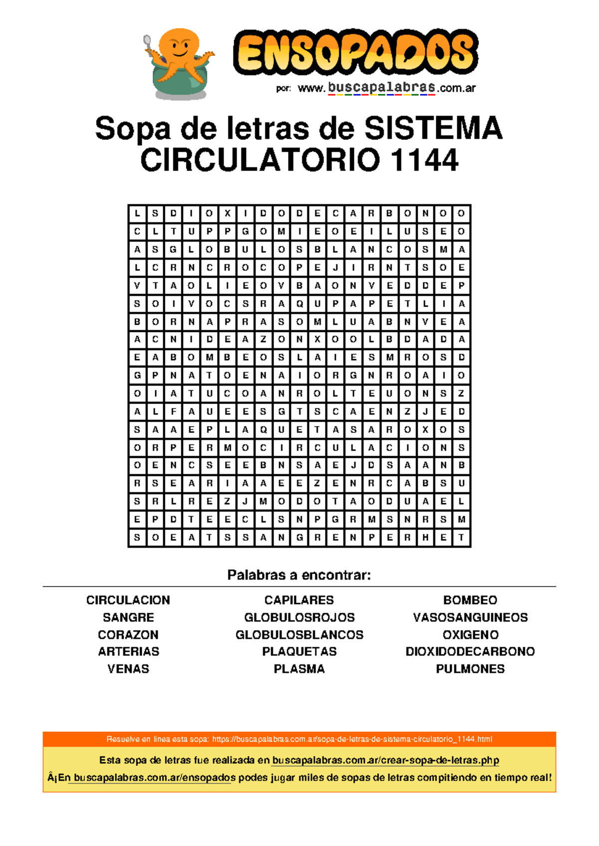 Sopa De Letras De Sistema Circulatorio 1144