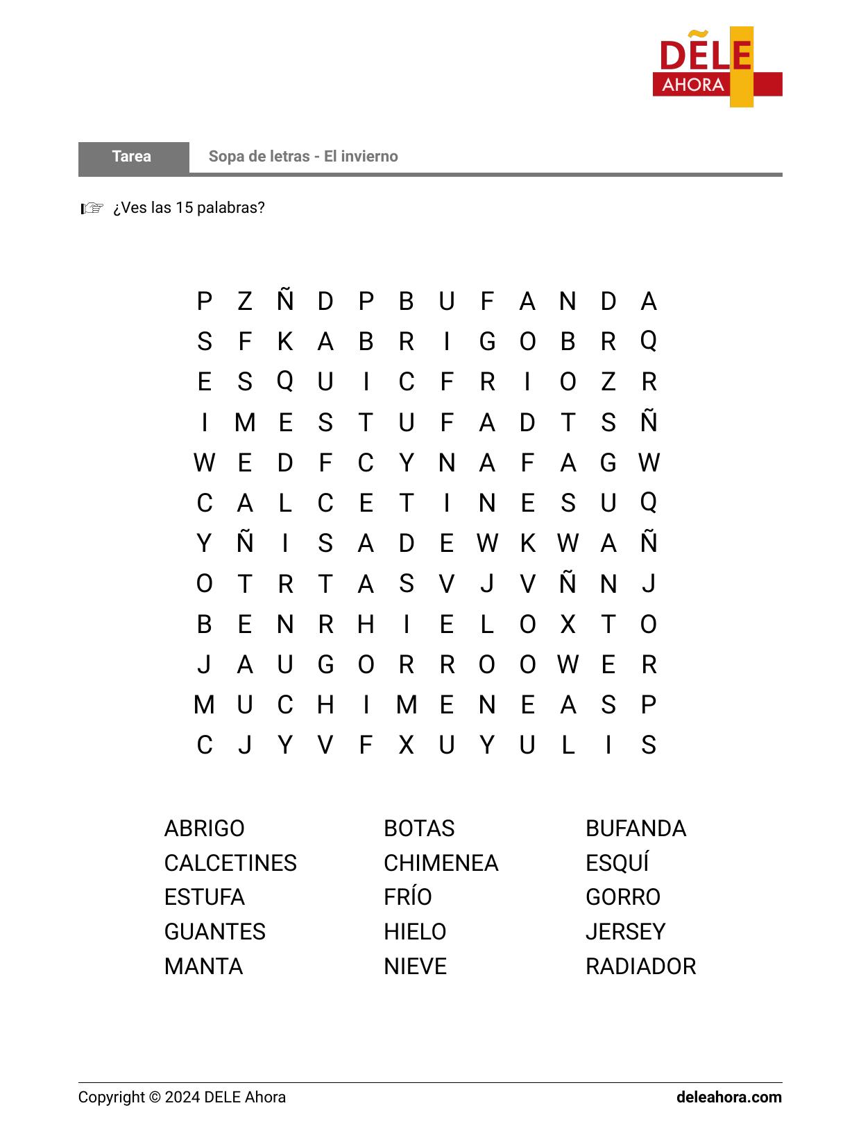 Sopa De Letras El Invierno
