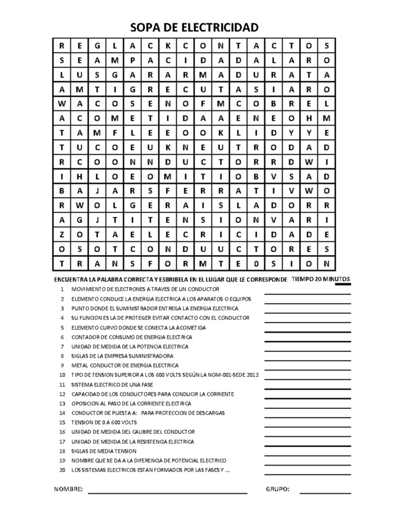 Sopa De Letras Electricidad Sopa De Letras Electricidad