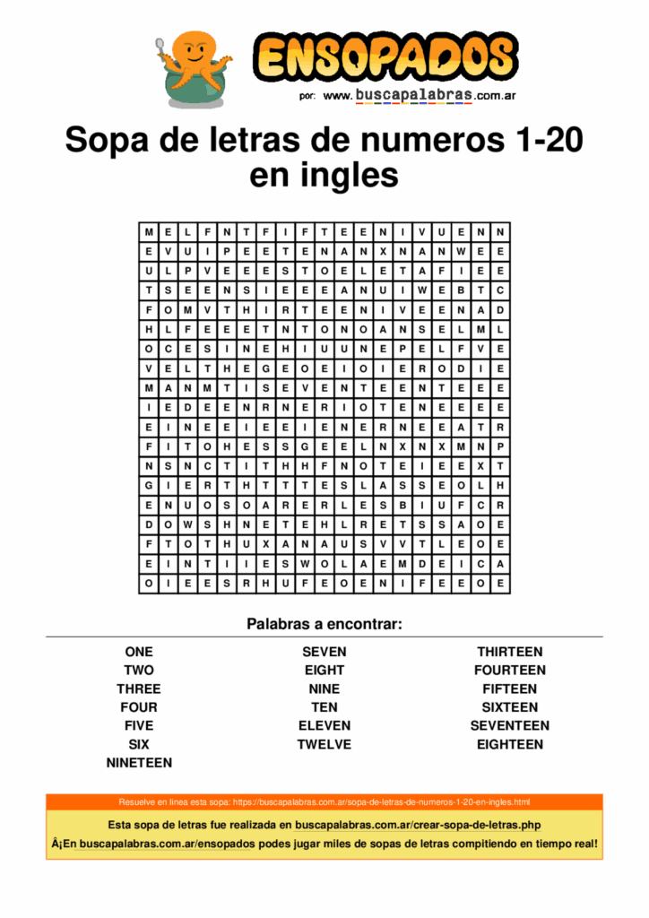 Sopa De Letras En Ingles Del 1 Al 20 Sopa De Letras En Ingles Del 1 Al 20