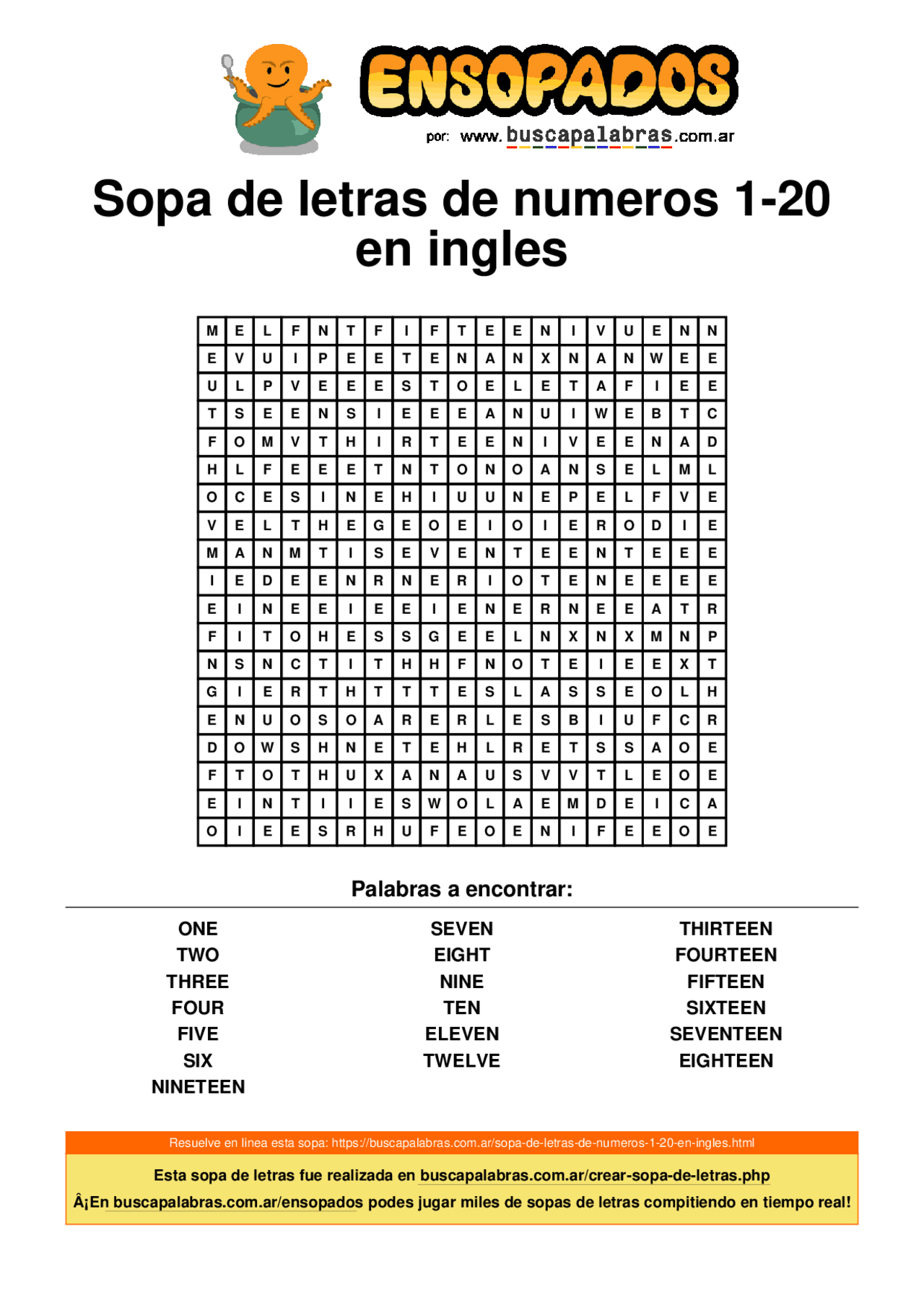 Sopa De Letras En Ingles Del 1 Al 20