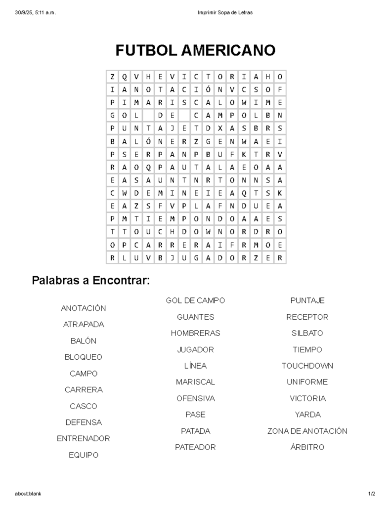 Sopa De Letras Futbol Americano Palabras A Encontrar