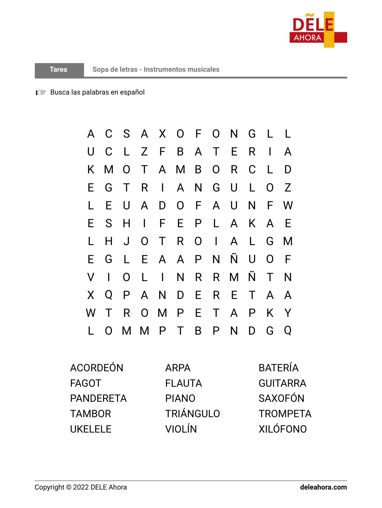 Sopa De Letras Instrumentos Musicales