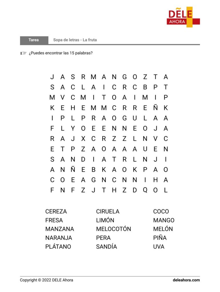 Sopa De Letras La Fruta