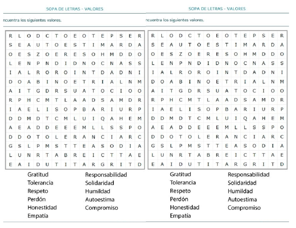 Sopa De Letras Los Valores
