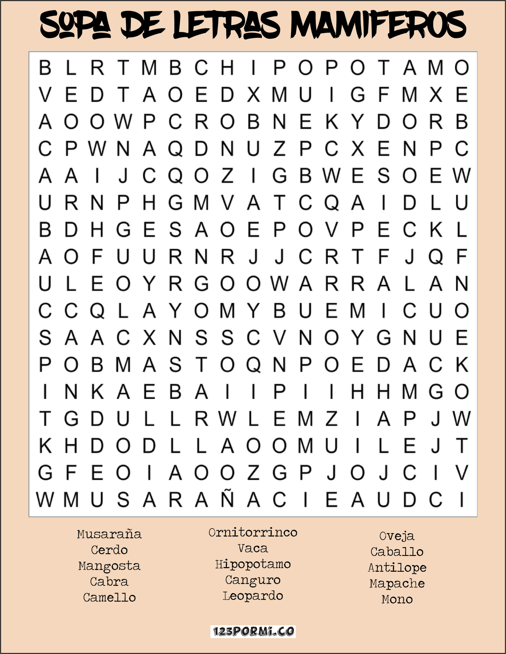 Sopa De Letras Mamiferos