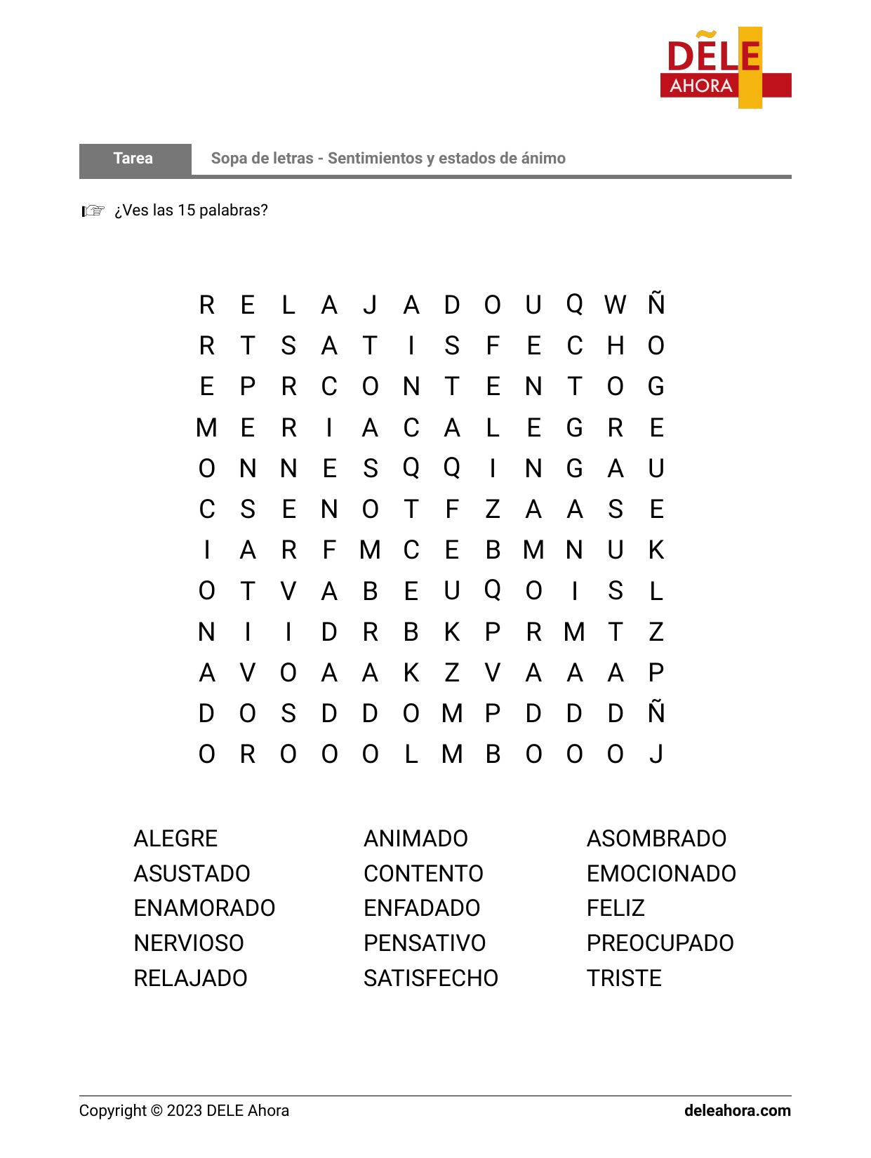 Sopa De Letras Sentimientos Y Estados De Animo
