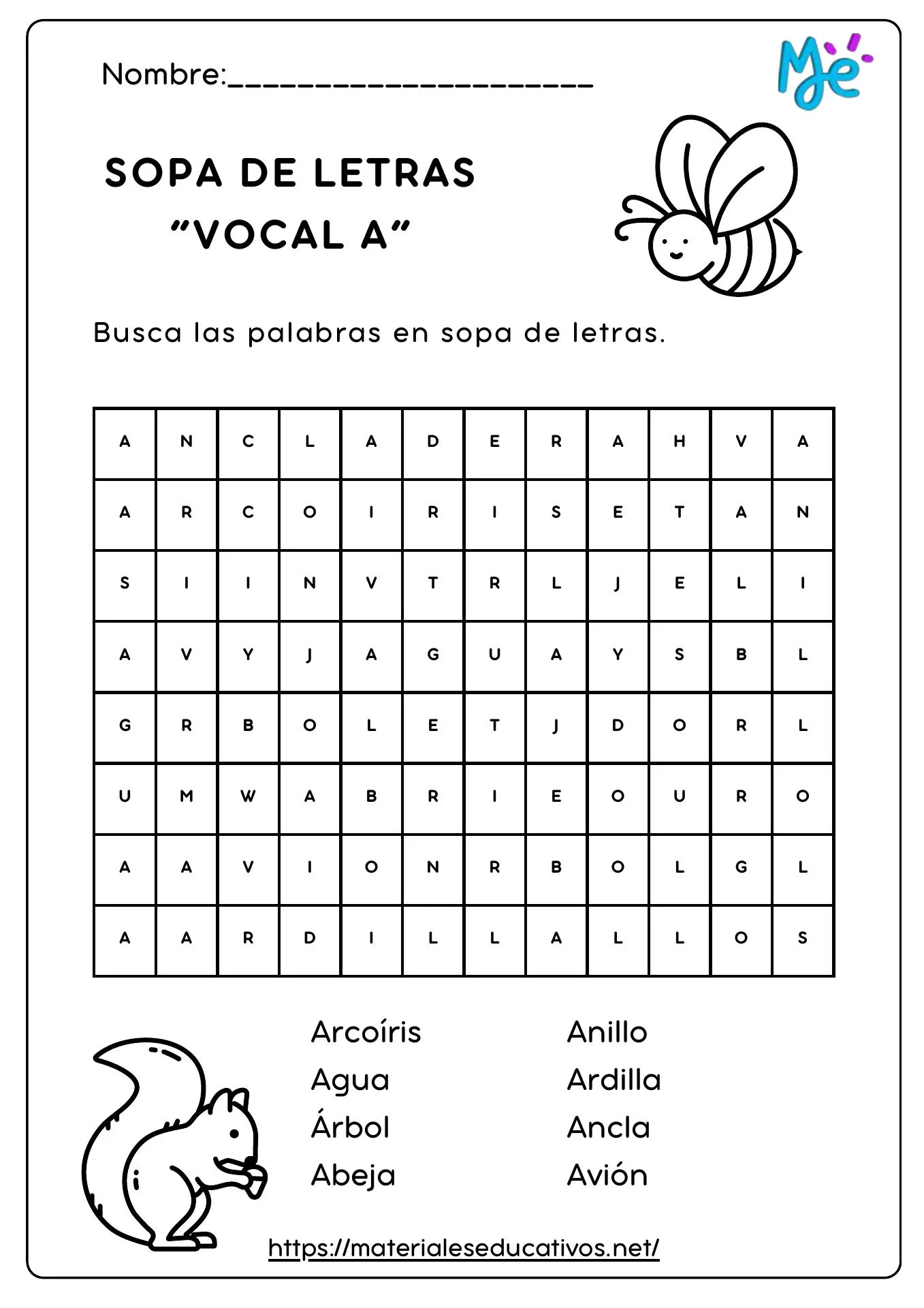 Sopas De Letras Para Imprimir Vocales